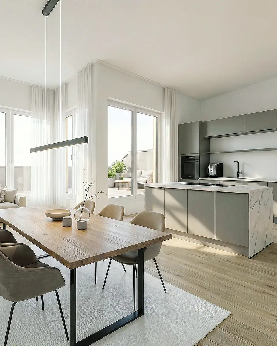 4:5-Bild eines digital eingerichteten Wohnzimmers als virtuelles Home Staging
