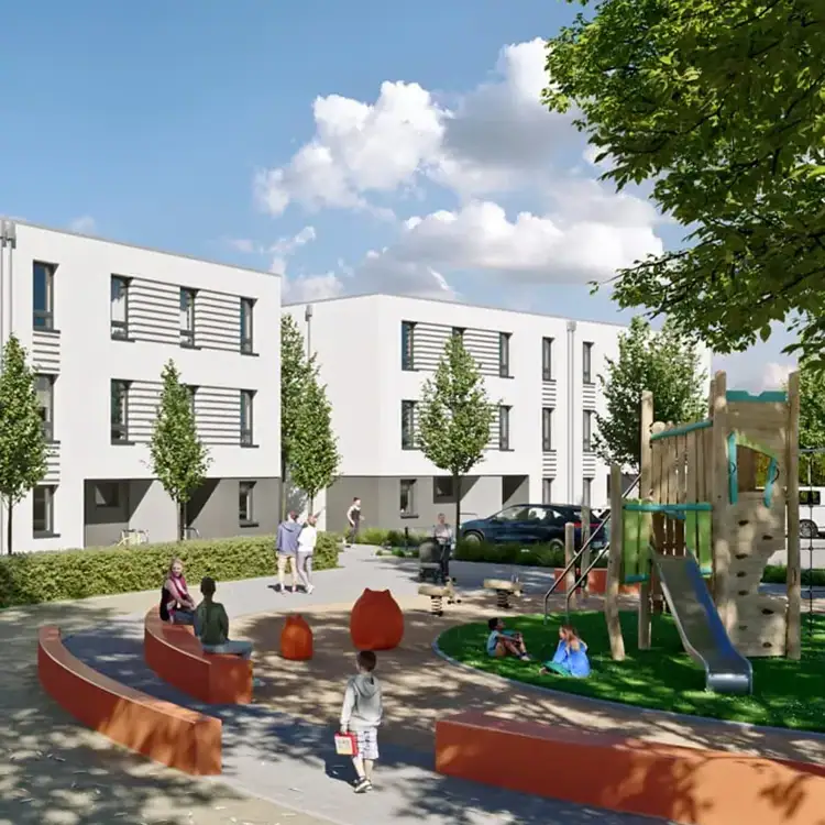 3D-Architekturvisualisierung einer Wohnanlage mit Spielplatz im quadratischen Format