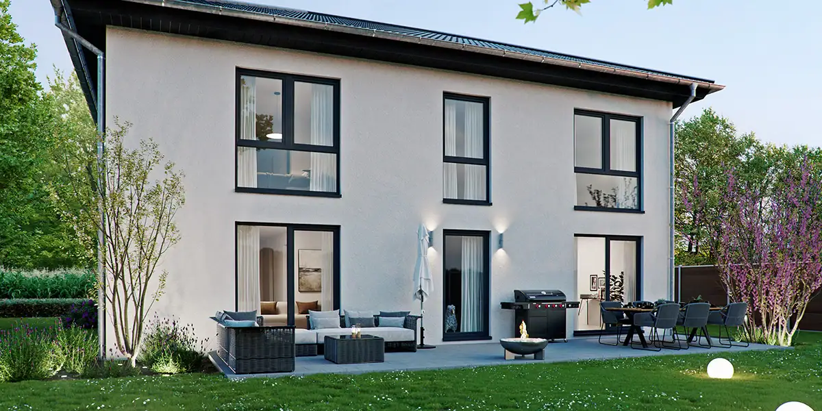 3D-Außenvisualisierung eines Wohnhauses mit Gartenansicht