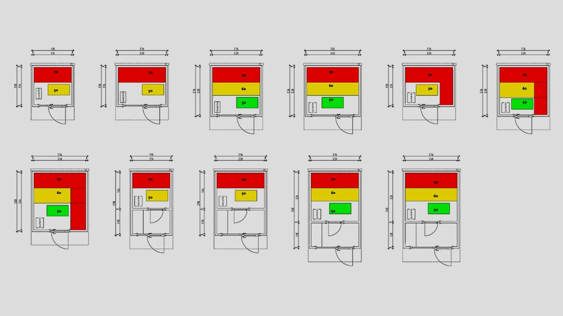 Grundriss einer Saunaserie mit Maßangaben als Ausgangsmaterial für die Visualisierung