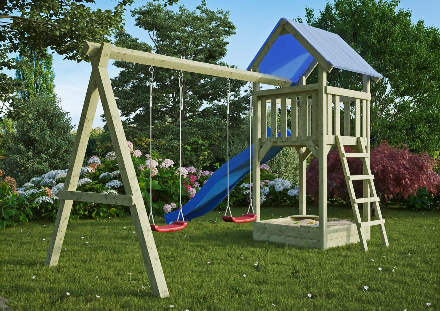 Visualisierung eines Spielturms aus Holz im Garten