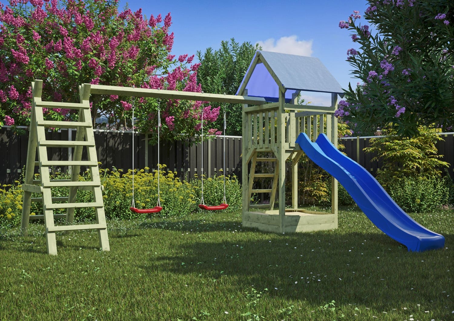 Visualisierung eines hölzernen Spielturms mit Rutsche im Garten