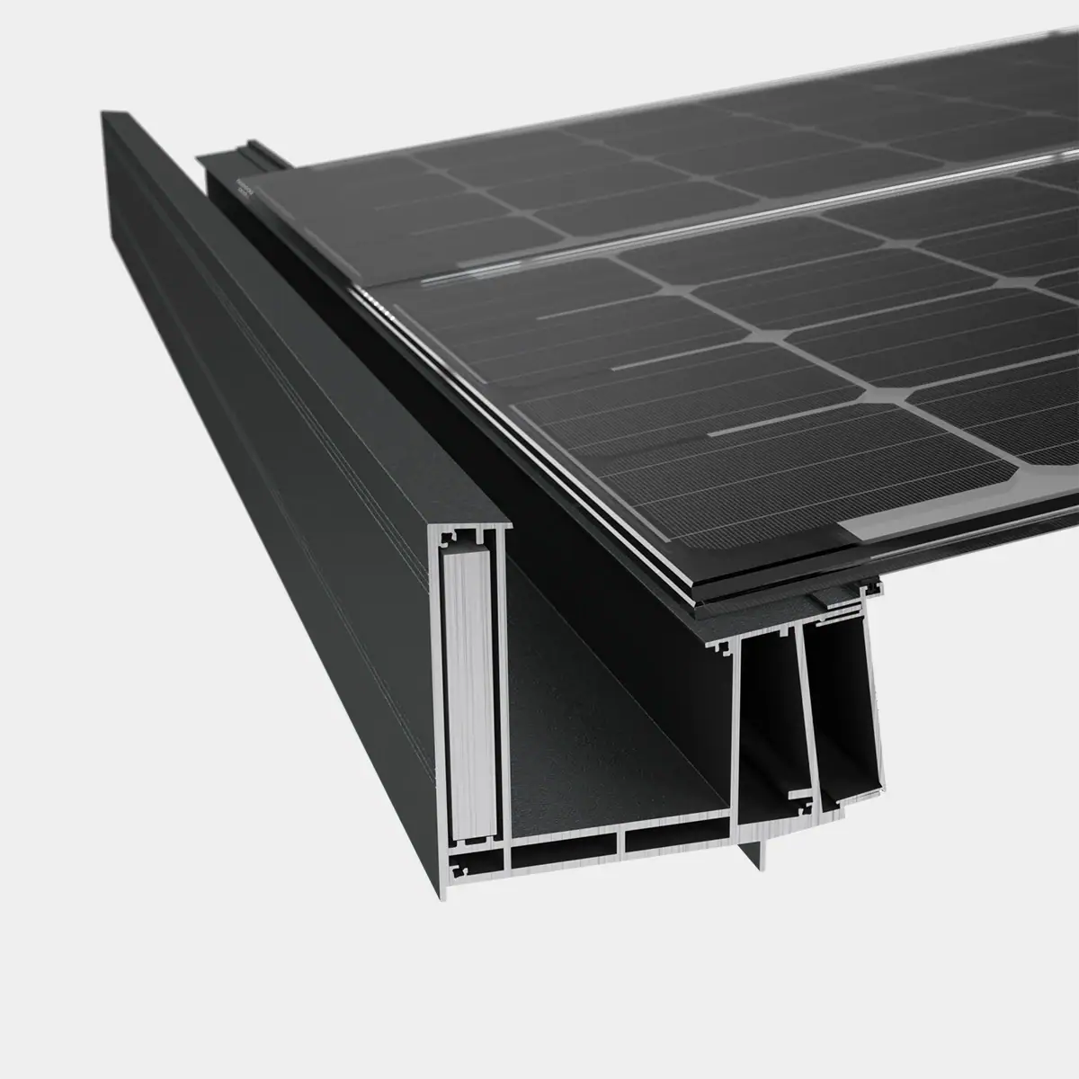 Detailvisualisierung eines schwarzen Rinnenprofils mit Solarmodul und sichtbaren Materialübergängen